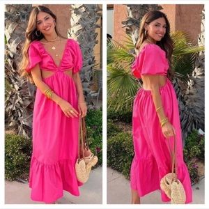 NWT * Zara Poplin Cut-Out Puff-Sleeve Midi Dress Fuchsia Medium 1971/103